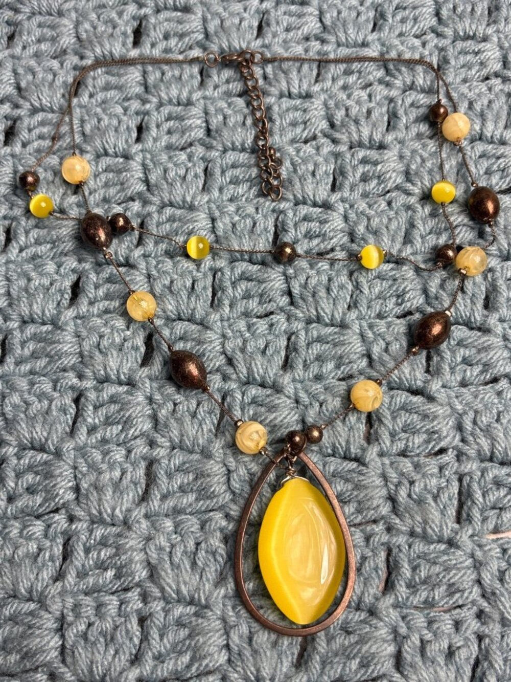 Yellow Cat's Eye 2 Strand Necklace Brown Beads Statement Pendant 18 - 21 inches